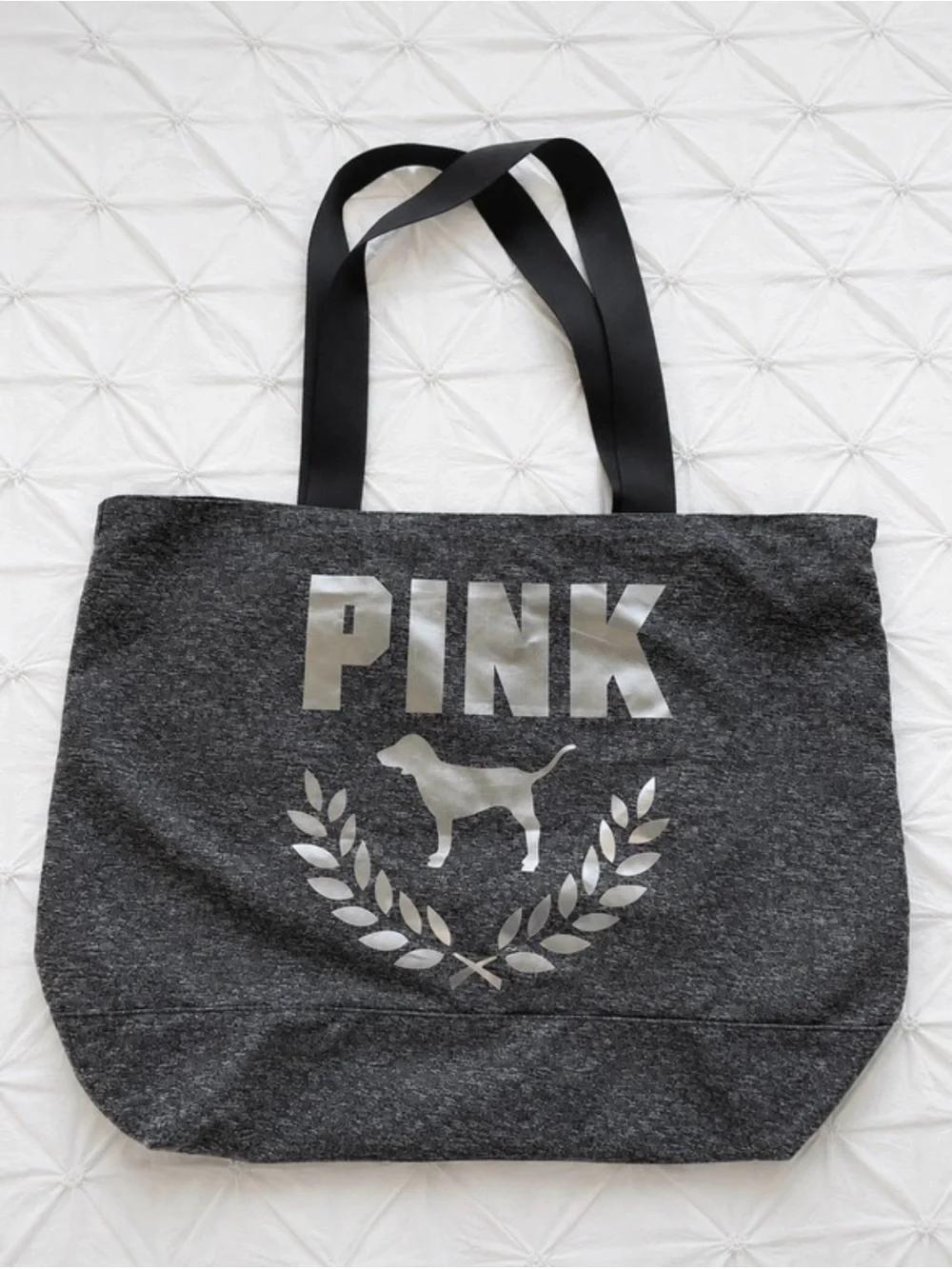 PINK Victoria's Secret Grey Canvas gym Bag with Silver Logo